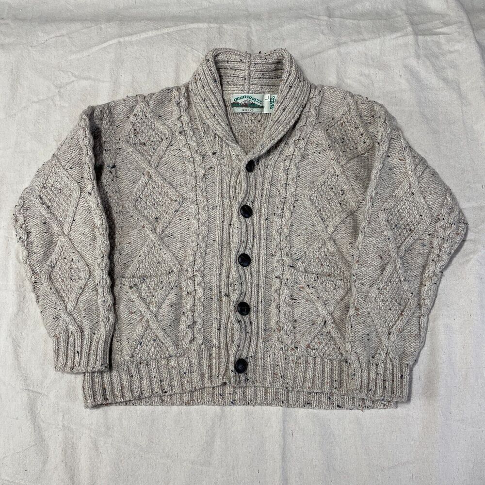 Vintage Aran Crafts Cardigan Sweater Womens Large Chunky Cable Knit Merino Wool